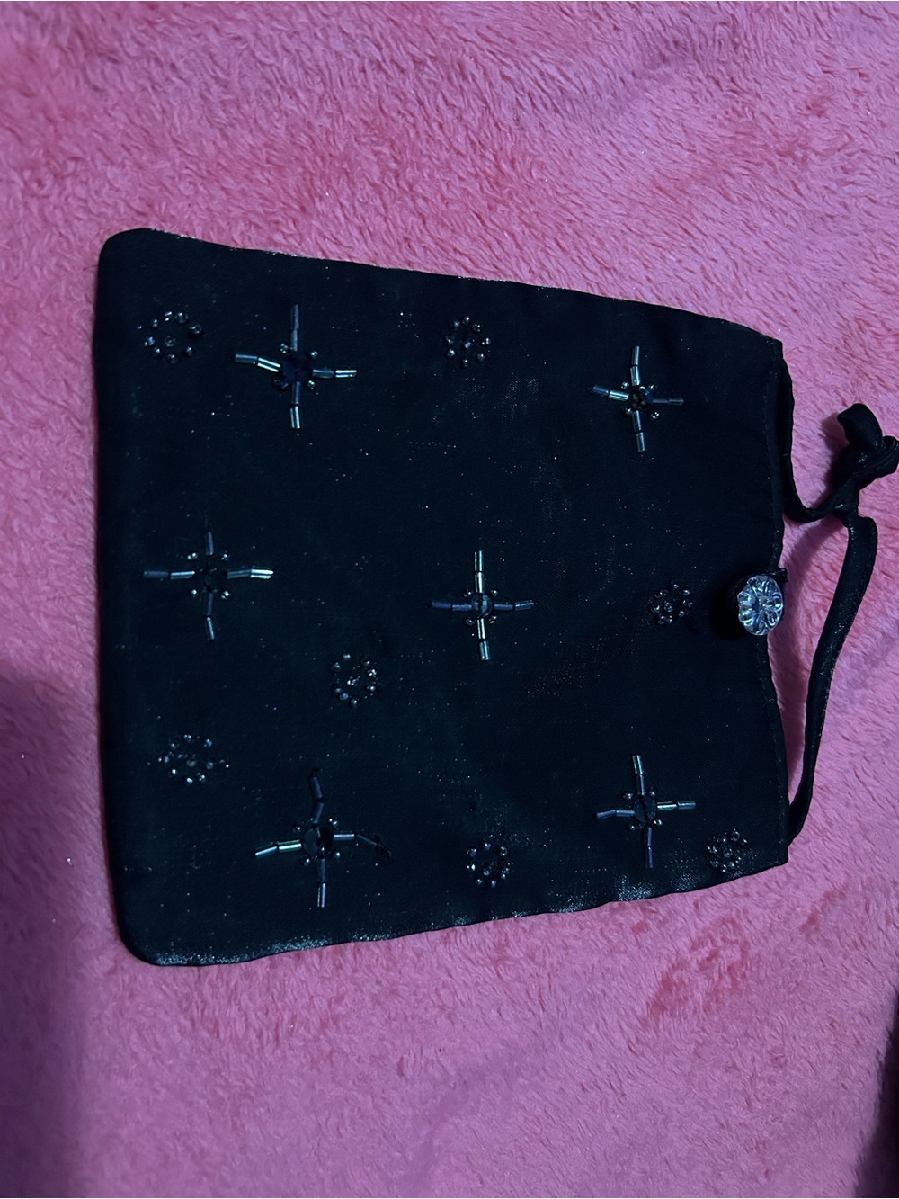 Black Beaded Drawstring Pouch Bag